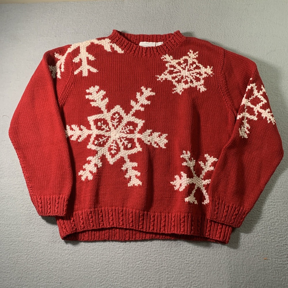 Liz Claiborne Sweater Sz XL Red Snowflake Chunky Knit Christmas Cotton Ramie